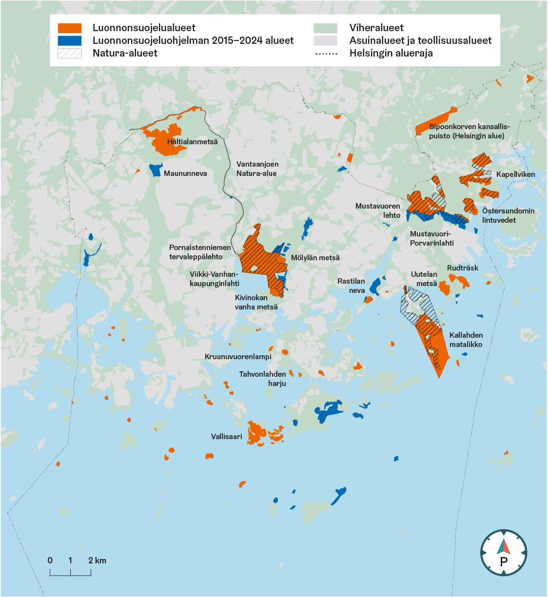 Kartassa esitetään Helsingin luonnonsuojelualueet, luonnonsuojeluohjelman 2015–2024 alueet, Natura-alueet, viheralueet sekä asuinalueet ja teollisuusalueet.