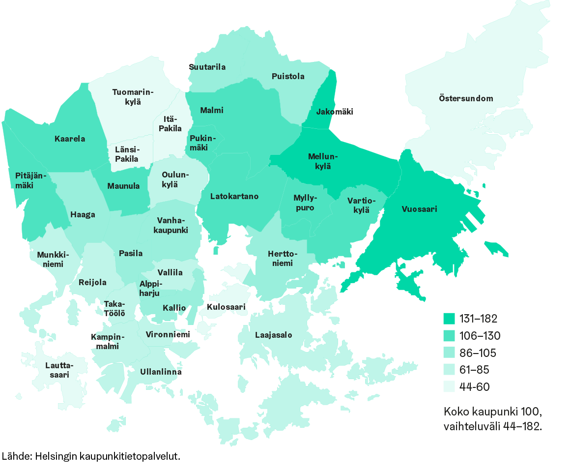 Kartta kuvaa sosioekonomista summaindeksiä Helsingin peruspiireittäin. Indeksiin on yhdistetty tietoja alueen koulutustasosta, työttömyysasteesta ja pienituloisuudesta. Sekä nämä kolme muuttujaa että niiden summa on suhteutettu kaupungin keskiarvoon.