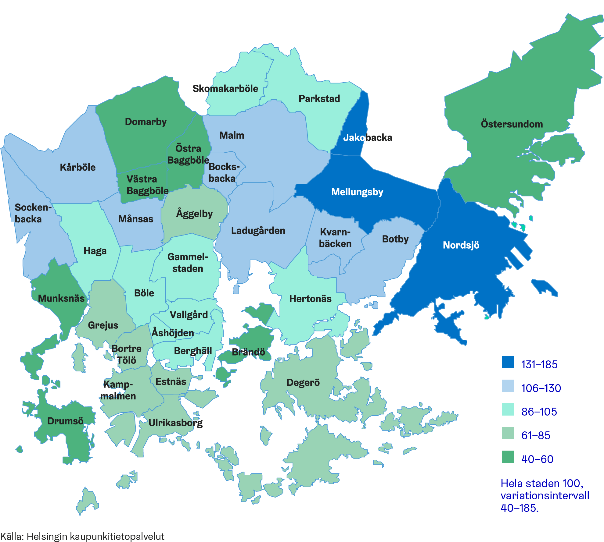 The map shows the socio-economic sum index by district of Helsinki. The index combines data on the level of education, unemployment rate and income in the region. Both these three variables and their sum are presented in relation to the city average.